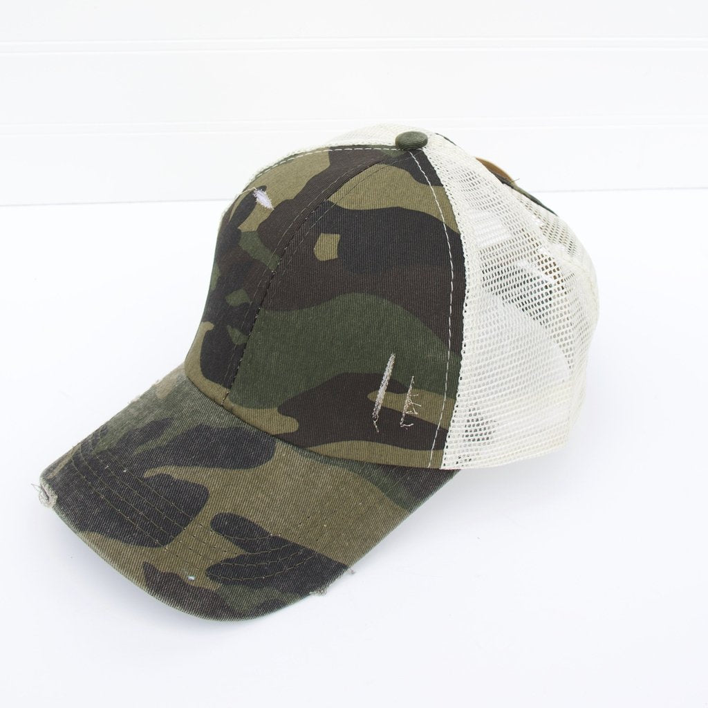 Distressed Criss Cross Ponytail Baseball Hat